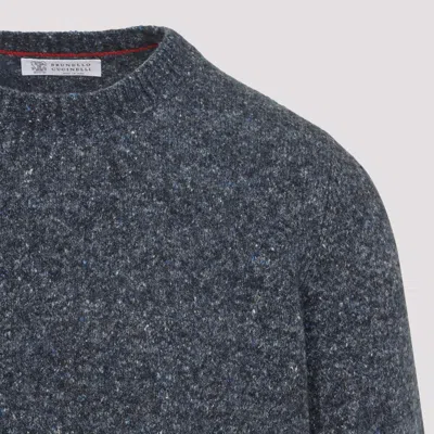 Brunello Cucinelli Blue Crewneck Sweater With A Melange Effect In Gray