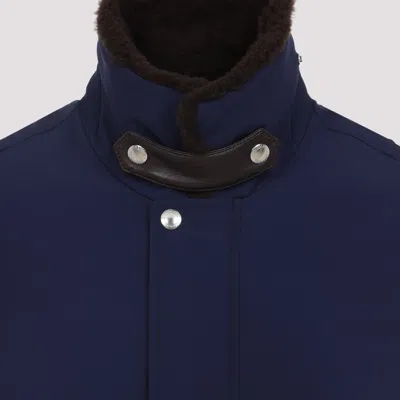 Brunello Cucinelli Tailored Feather Down Jacket With Sheepskin Collar In Blue