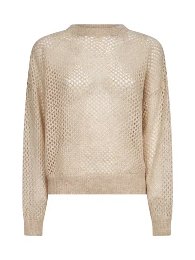Brunello Cucinelli Women Beige Dazzling Mesh Crewneck Sweater In Neutral
