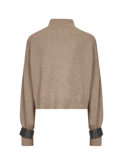 Brunello Cucinelli Women Brown Cashmere Cropped Sweater In Brown
