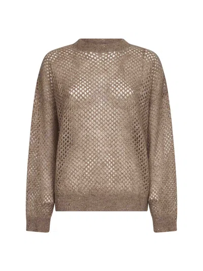 Brunello Cucinelli Women Brown Dazzling Mesh Crewneck Sweater In Brown