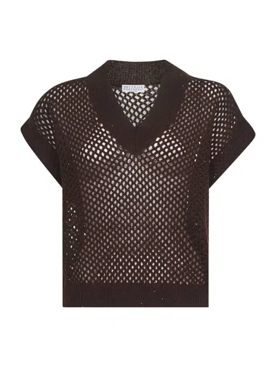 Brunello Cucinelli Women Brown Dazzling Mesh V-neck Sweater In Black