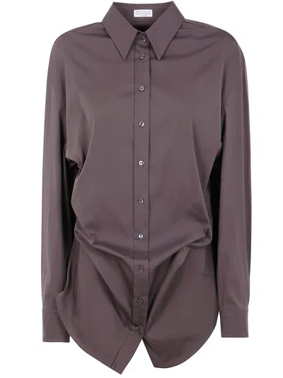 Brunello Cucinelli Collared Neck Long Sleeves Pleated Back Detail In Brown