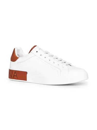 Dolce & Gabbana White Calf Leather Portofino Sneakers In Red
