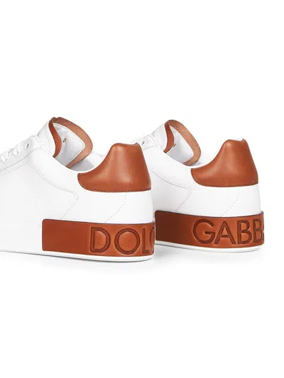 Dolce & Gabbana White Calf Leather Portofino Sneakers In Red