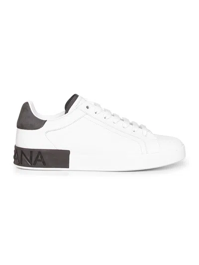 Dolce & Gabbana Men White Calf Leather Portofino Sneakers In Neutral