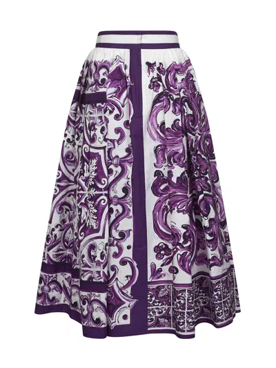 Dolce & Gabbana Women Maiolica Mix Print Poplin Pleated Skirt In Purple