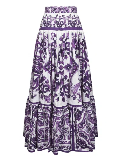 Dolce & Gabbana Violet Long Skirt With Ruffle Hem And All-over Floral Motif In Cotton Woman In Purple