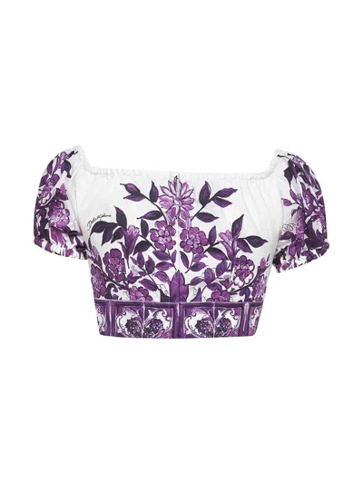 Dolce & Gabbana Cotton Majolica Print Crop Top In Purple