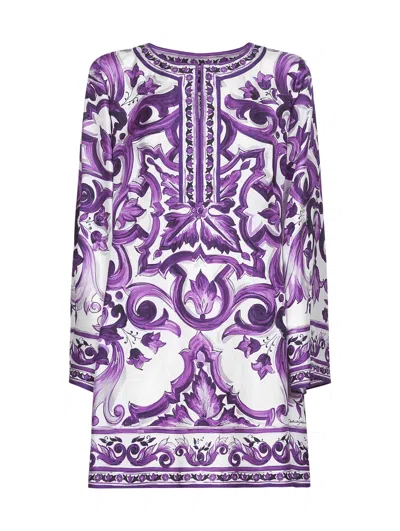 Dolce & Gabbana Majolica Silk Twill Long-sleeve Mini Shift Dress In Purple