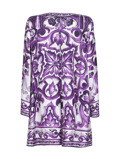 Dolce & Gabbana Majolica Silk Twill Long-sleeve Mini Shift Dress In Purple