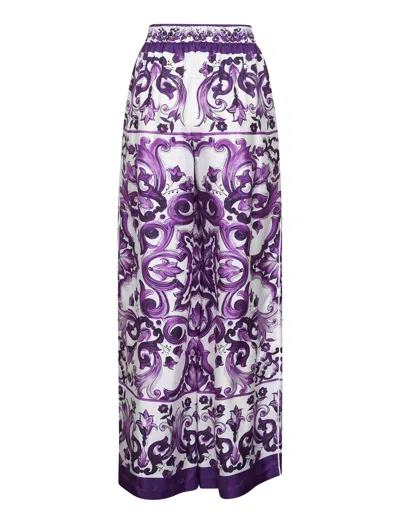 Dolce & Gabbana Majolica Print Silk Twill Pants In Purple