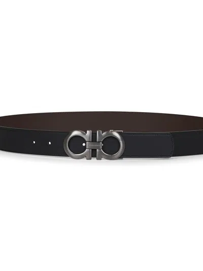 Ferragamo Men Black Leather Gancini Reversible Belt