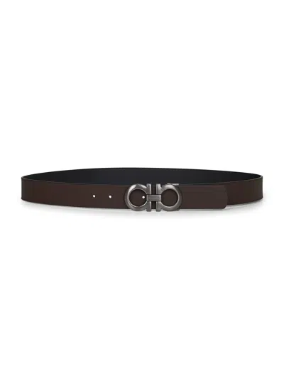 Ferragamo Men Black Leather Gancini Reversible Belt