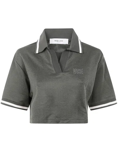 Golden Goose "journey W`s" Medium Crop Polo Fluid Jersey Knitted Rib Micro Piquet Tonal Embroidery C In Gray