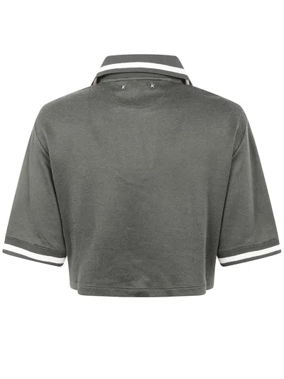 Golden Goose "journey W`s" Medium Crop Polo Fluid Jersey Knitted Rib Micro Piquet Tonal Embroidery C In Gray