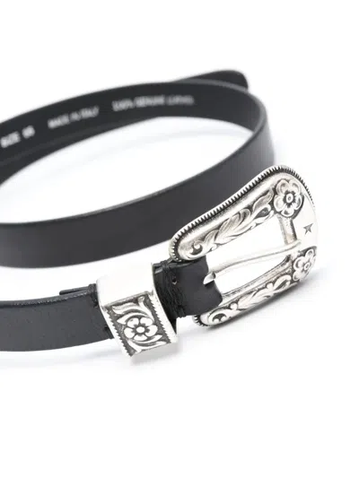 Golden Goose Black Cow Leather Belt With Intricate Silver Buckle In Black