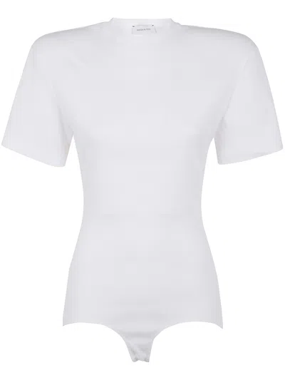 Magda Butrym Crew Neck Ribbed Bodysuit With Ruched Detailing In White