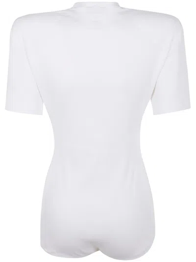 Magda Butrym Crew Neck Ribbed Bodysuit With Ruched Detailing In White