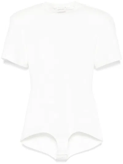 Magda Butrym Crew Neck Ribbed Bodysuit With Ruched Detailing In White