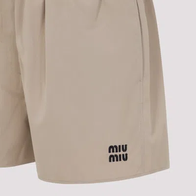 Miu Miu Khaki Cotton Shorts With Embroidered Logo In Metallic