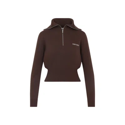 Miu Miu Logo Intarsia Half-zip Sweater In Brown