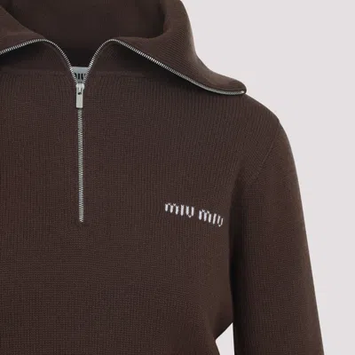 Miu Miu Logo Intarsia Half-zip Sweater In Brown