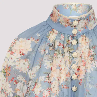 Zimmermann Womens Cascadian Billow Floral Woven Blouse Teal Blue Botanical