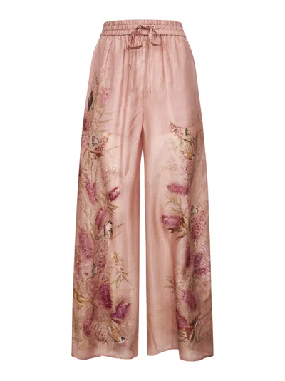 Zimmermann Womens Pink Botanical Floral Cascadian Wide-leg Silk Trousers