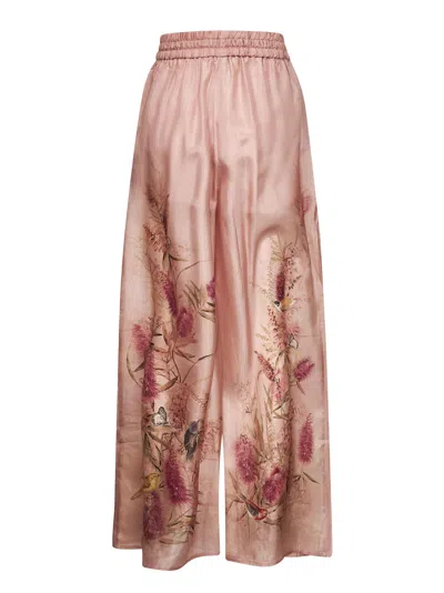 Zimmermann Womens Pink Botanical Floral Cascadian Wide-leg Silk Trousers