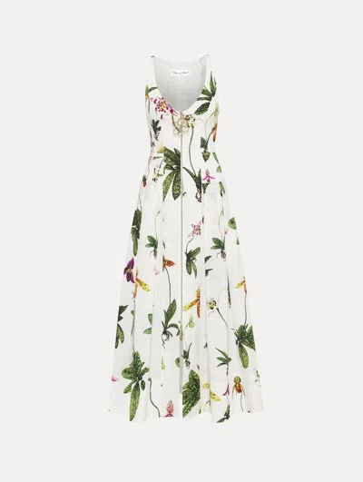 Oscar De La Renta Orchids Cotton Poplin Belted Midi Tank Dress