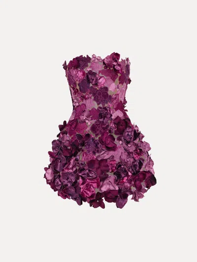 Oscar De La Renta Strapless Satin Orchid Embroidered Cocktail Dress