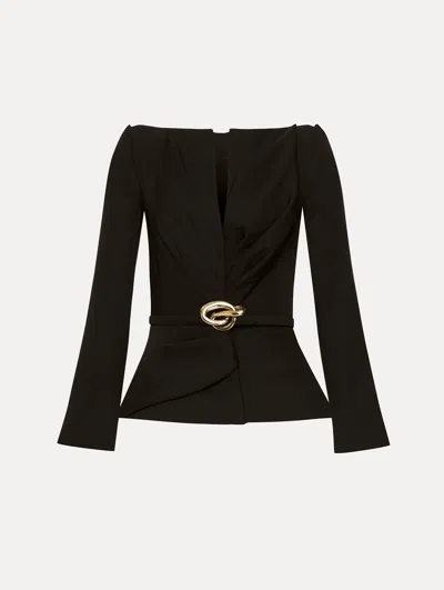 Oscar De La Renta Black Satin Bow Buckle Belt Jacket In Black