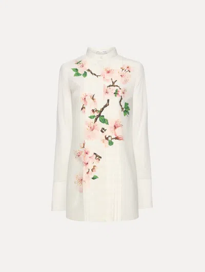 Oscar De La Renta Cherry Blossom Cotton Poplin Pleated Blouse