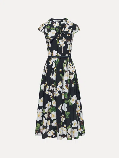 Oscar De La Renta Cherry Blossom Cotton Poplin Pleated Dress