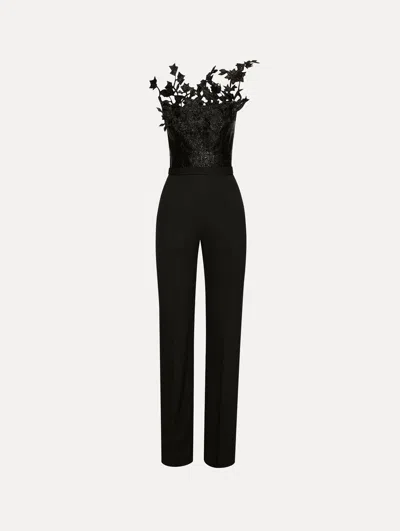 Oscar De La Renta Metallic Cherry Blossom Embroidered Jumpsuit In Black