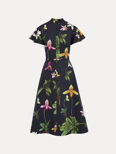 Oscar De La Renta Orchid Cotton Poplin Short Sleeve Dress