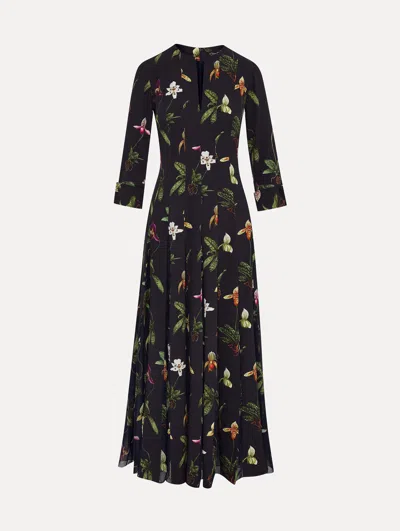 Oscar De La Renta 3/4 Sleeve  Orchids Cady Chiffon Inset Dress In Black