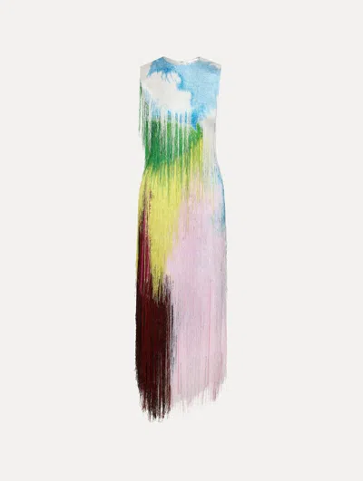 Oscar De La Renta Abstract Watercolor Fringe Cocktail Dress In Multi