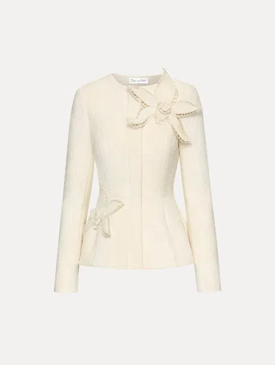 Oscar De La Renta Orchid Embroidered Tweed Jacket In White