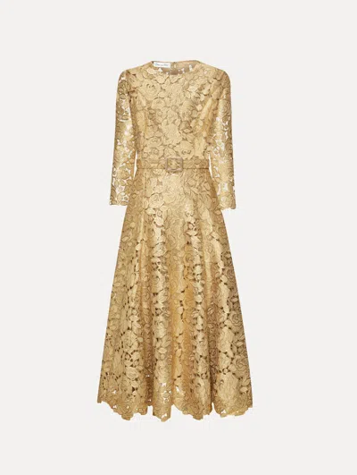 Oscar De La Renta Gold Foil Rose Guipure Dress