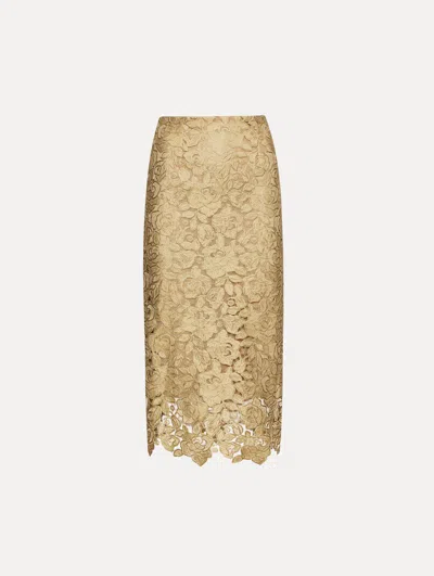 Oscar De La Renta Foiled Guipure Lace Midi Skirt In Brown