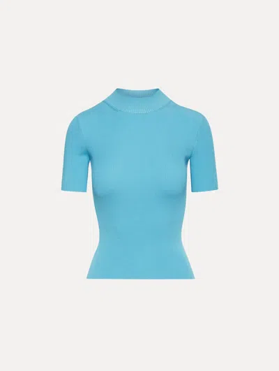 Oscar De La Renta Short Sleeve Mock Neck Ribbed Pullover In Blue