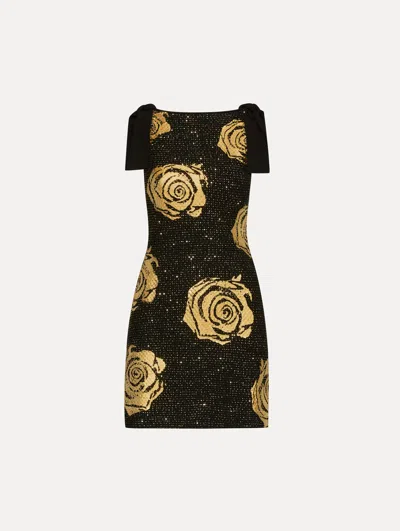 Oscar De La Renta Gold Foil Rose Knit Dress