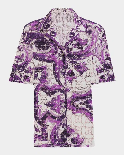 Dolce & Gabbana Majolica-printed Crochet Lace Camp Shirt