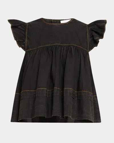 Ganni Garment-dyed Flutter-sleeve Babydoll Top In Black