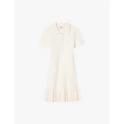 Sandro Womens Ecru Polo-collar Pleated-hem Stretch-knit Mini Dress
