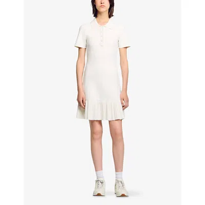 Sandro Womens Ecru Polo-collar Pleated-hem Stretch-knit Mini Dress