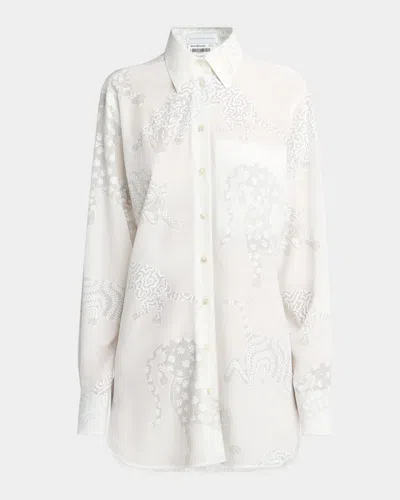 Stella Mccartney Cat Burnout Button Down Silk Blouse In White