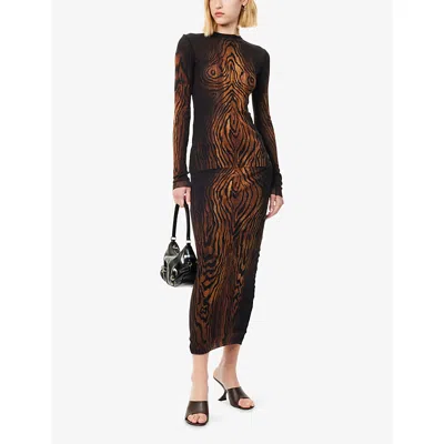 Jean Paul Gaultier Top Long Sleeves Mesh Printed Wood Woman Black And Brown